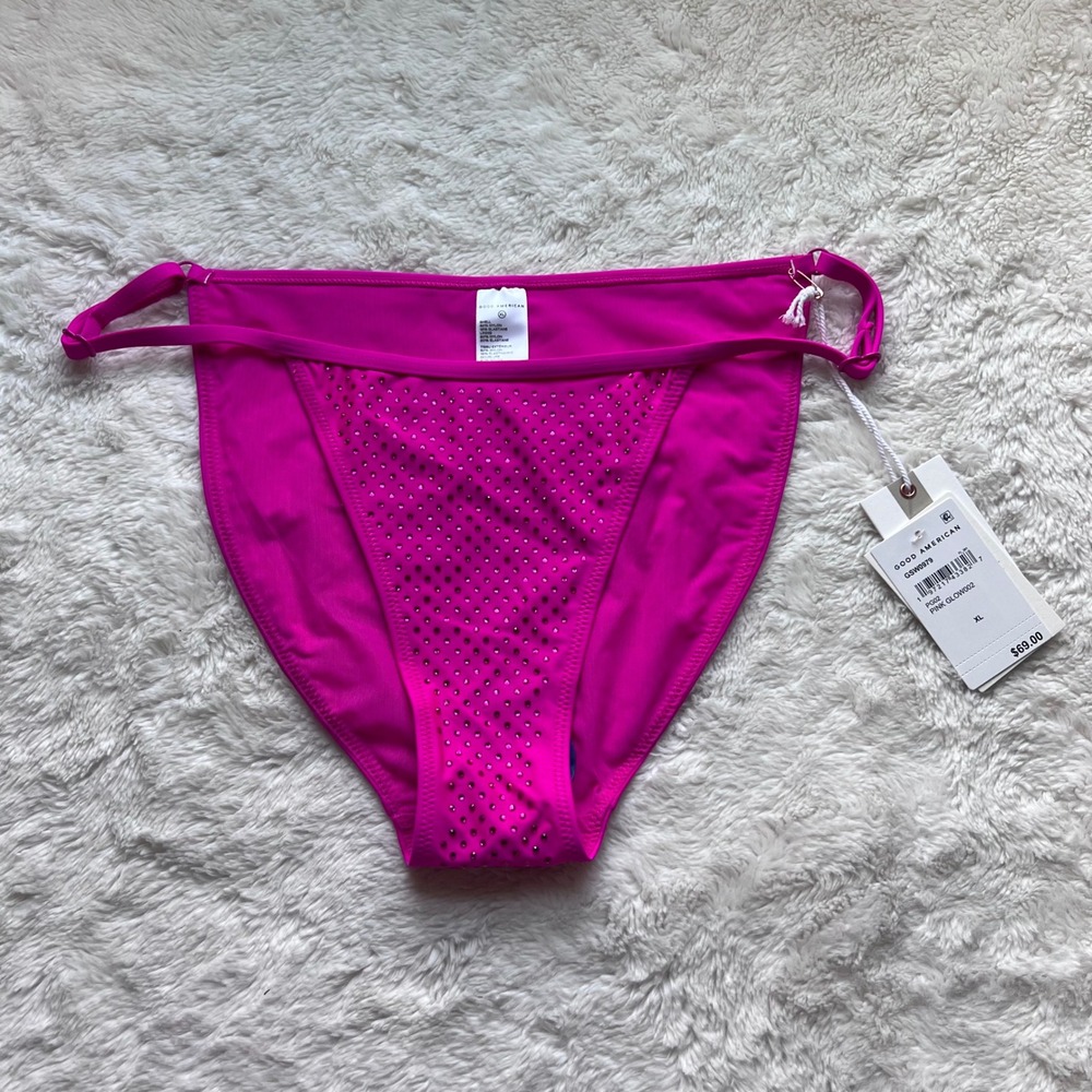 Good American GSW0979‎ Pink Glow Rhinestone Side Tie Bikini Bottom XL NEW
